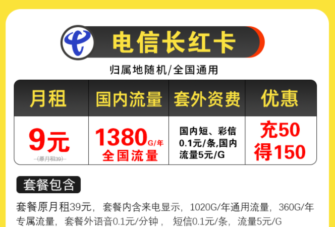 電信超值優(yōu)惠套餐有哪些？電信長紅卡，月租9元包含125G全國流量/月不限速手機上網(wǎng)卡