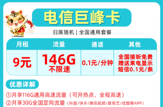 非常受歡迎的流量卡套餐有哪些？電信巨峰卡9元包含146G全國來了不限速+首月免費(fèi)