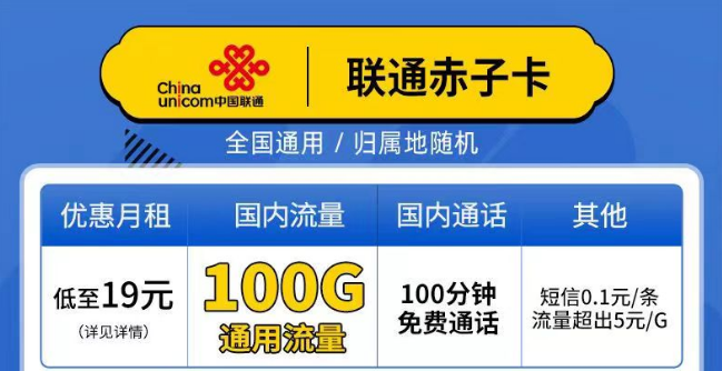 聯(lián)通赤子卡、精英卡套餐介紹 最低19元月租包100G通用+100分鐘語音全國可以手機卡