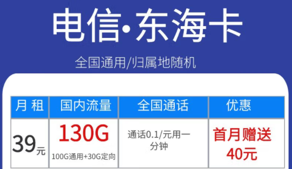 電信東海卡39元130G、永星卡30元120G+100分語音、海星卡29元100G流量|首月免費(fèi)全國通用