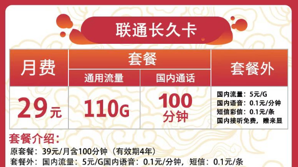 聯(lián)通有哪些實惠又好用的流量卡？聯(lián)通長久卡29元110G通用+100分鐘語音|可用于副卡