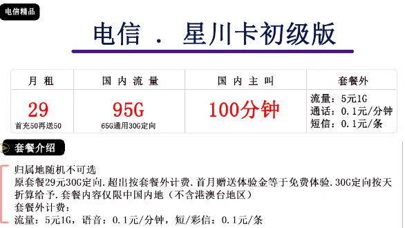 電信星川卡初級(jí)、中級(jí)卡|29元、39元|大流量免費(fèi)領(lǐng)！