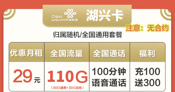 聯(lián)通湖興卡29元110G無(wú)合約+聯(lián)通楓槌卡59元302G全通用！