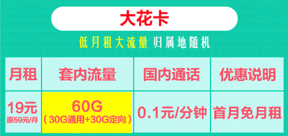 19元聯(lián)通大花卡60G流量+29元聯(lián)通黃金卡204G通用+100分鐘！